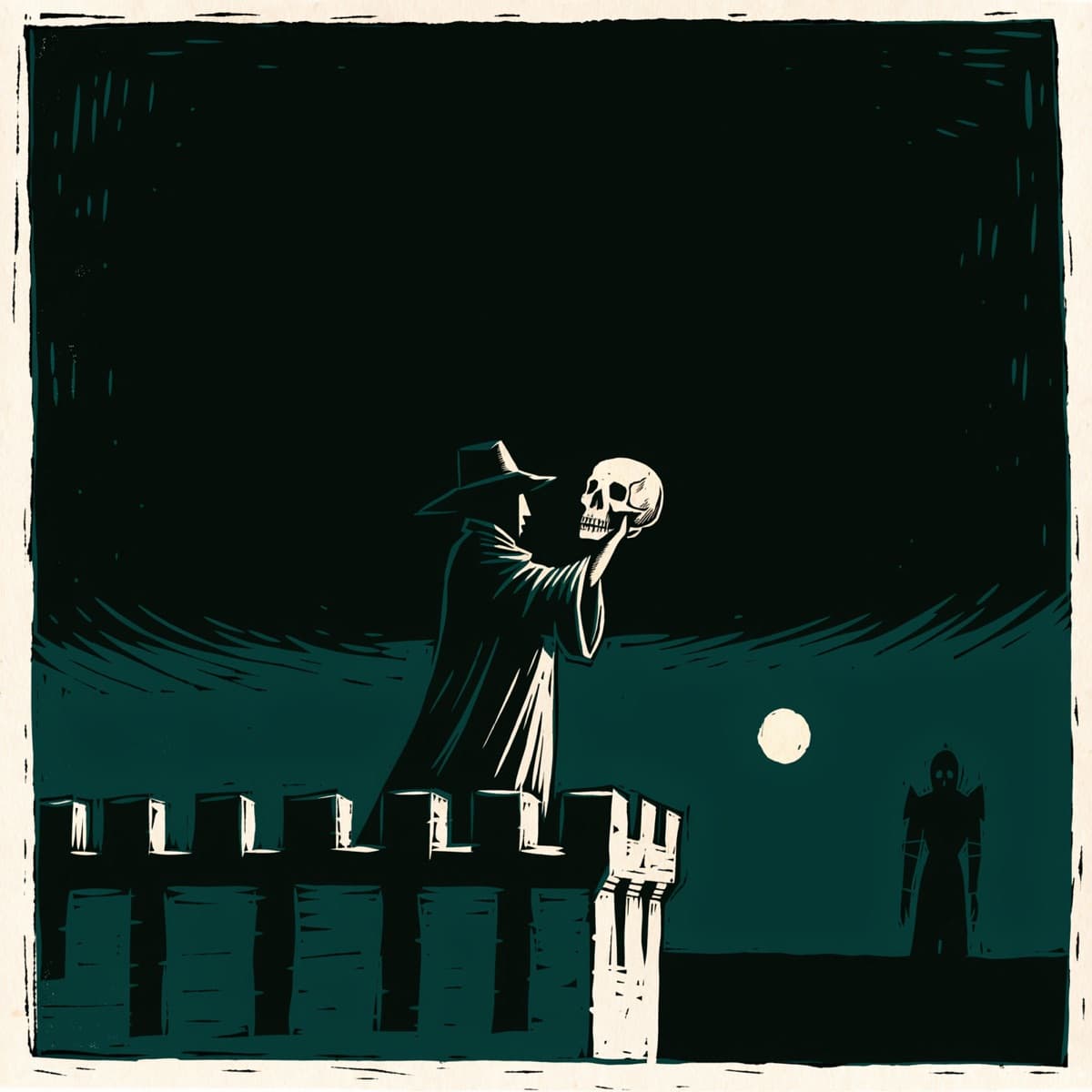 Grabado en negro, verde azulado y crema: Hamlet con sombrero y capa sostiene una calavera sobre la muralla de un castillo, con la luna al fondo y la silueta de un fantasma con armadura a la derecha