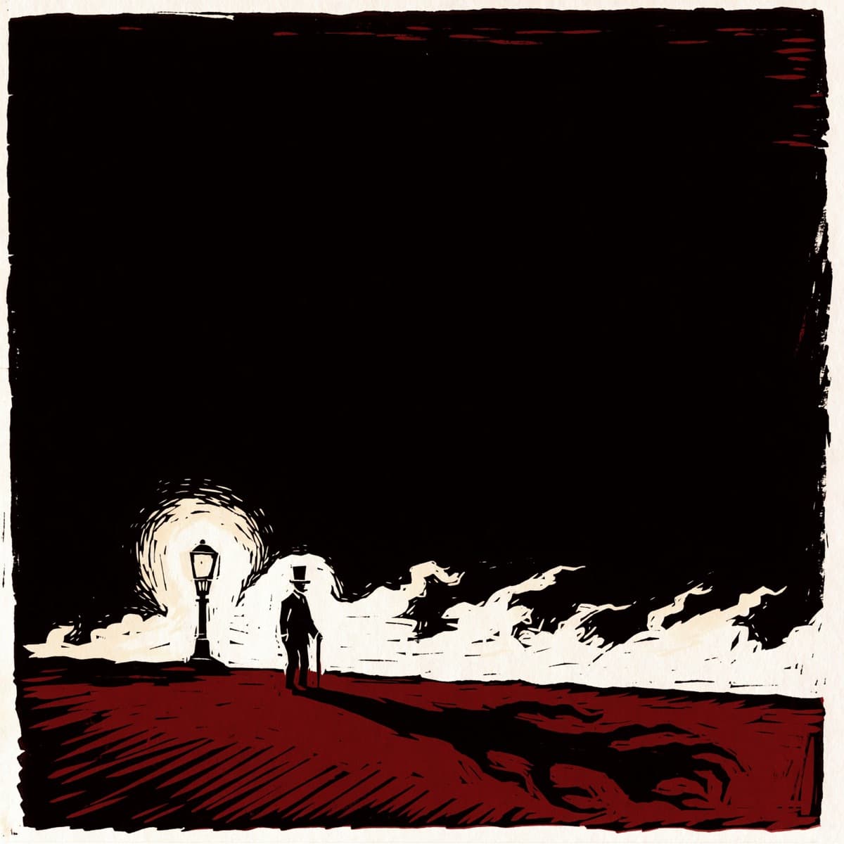 Grabado en negro, rojo oscuro y crema: un hombre con sombrero de copa y bastón junto a un farol entre la niebla, con una sombra deforme que se alarga sobre el suelo rojo