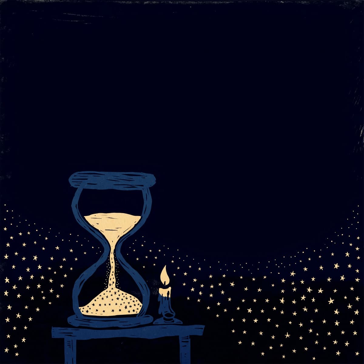 Grabado en azul y dorado: un reloj de arena sobre una mesa de madera junto a una vela encendida, con la arena convertida en estrellas que se esparcen en la noche