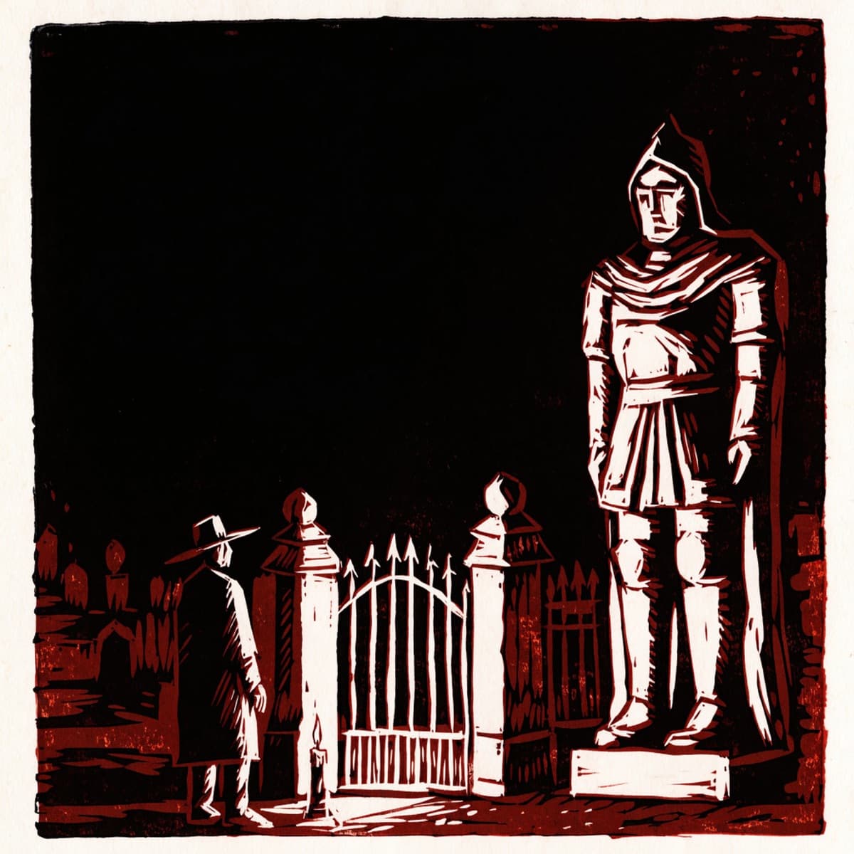 Grabado en negro y rojo: un hombre con sombrero frente a la reja de un panteón, de noche, junto a la estatua gigante de un caballero
